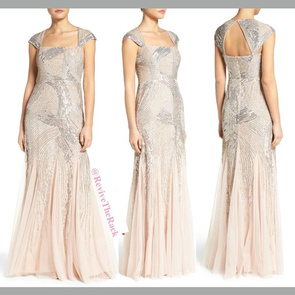 NEW Adrianna Papell‎ Embellished Cap-Sleeve Envelope Gown in Shell [SZ 4 ] - Picture 1 of 7